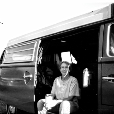 Elizabeth in her new VW camper at Gooseberry Island