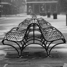 Snow Falling On Benches
